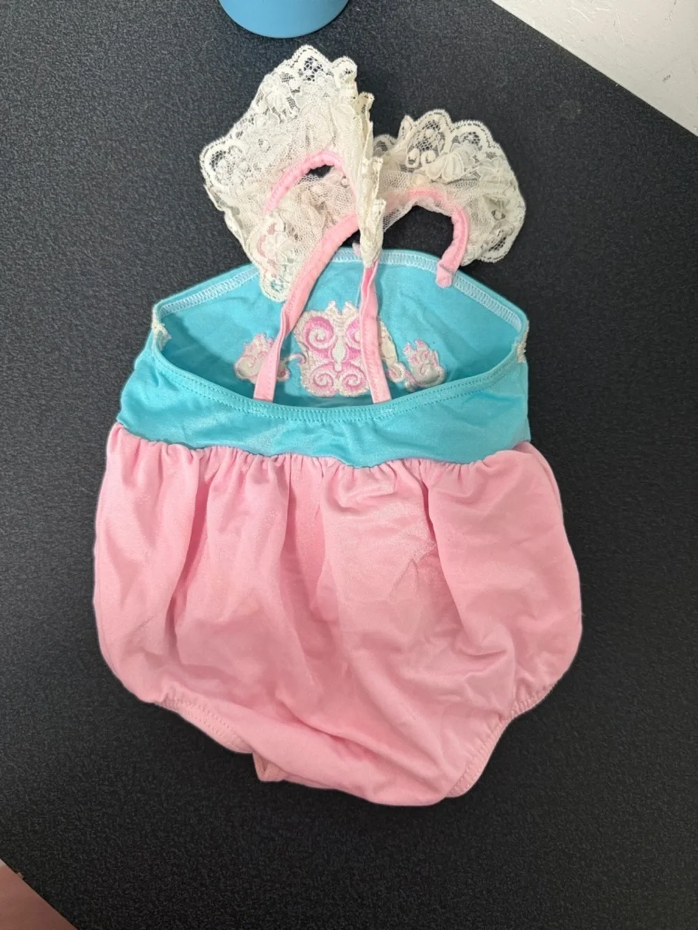 Pink & Aqua Girl's One-Piece Swimsuit with Lace Straps 80’s 90’s